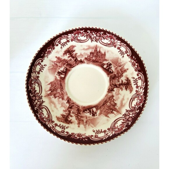 Vintage Red Transferware Cup & Saucer Victorian Ironstone Cranberry Toile Set 6 - Picture 3 of 8